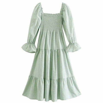 Green GINGHAM Dress Women Smocked Dress Cute Bow Tied Back Dress Female