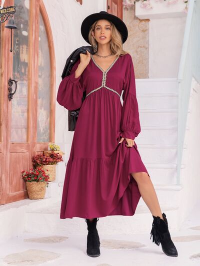 Stacey V-Neck Lantern Sleeve Ruffle Hem Dress in Wine Red