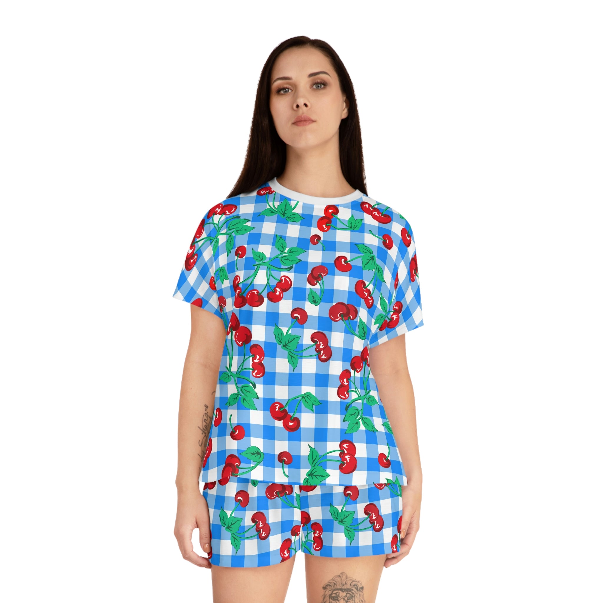 TGIF Sleepover PJs in Blue & White Gingham Cherry Girl Tee & Pajama Shorts-Set