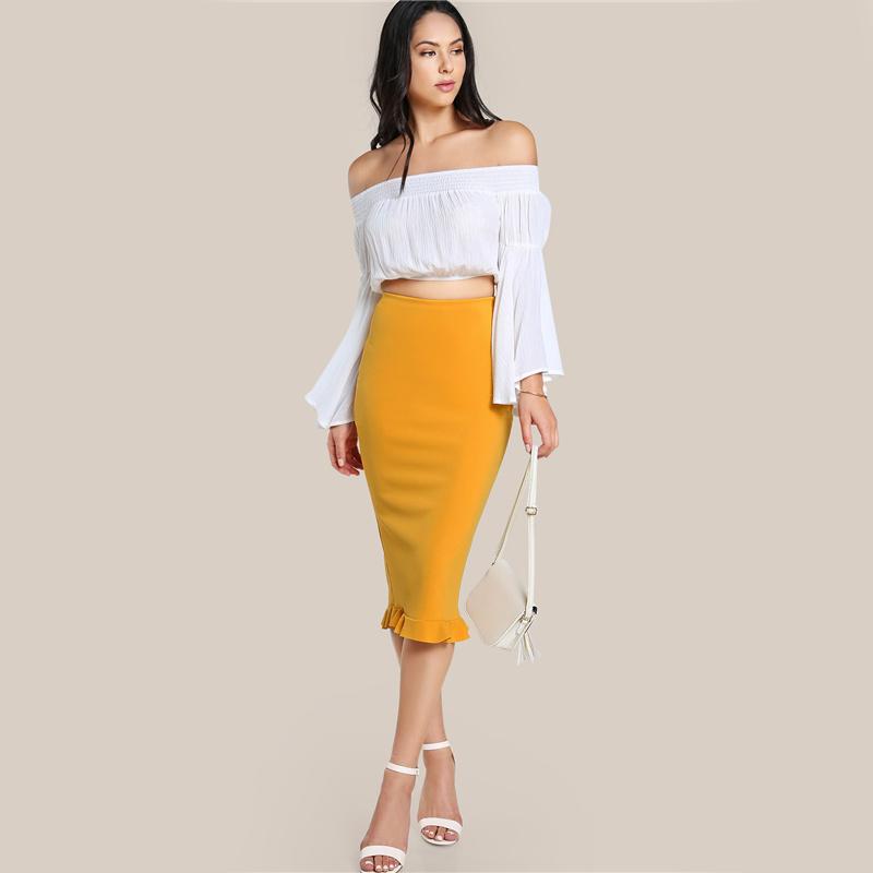 Ruffle Hem Midi Pencil Skirt in Mustard Yellow