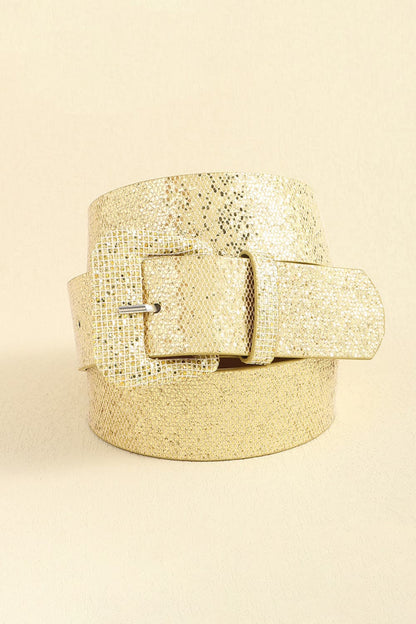 All The Rock Stars 70s Glam PU Leather Glitter Belt in Black, Gold, and Silver