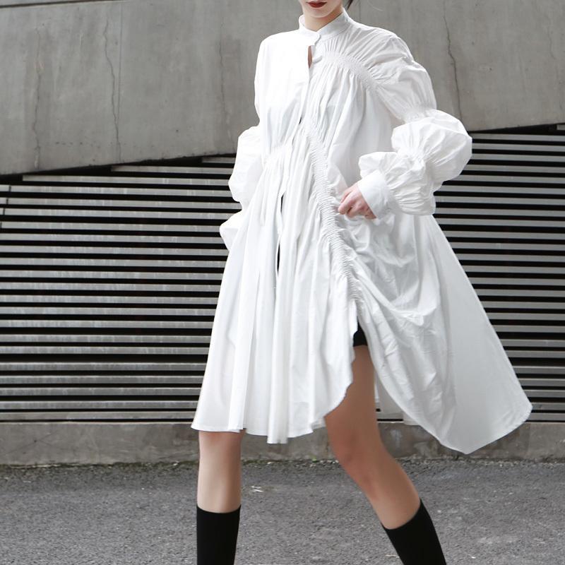Hotaru Hedges Long Sleeve Pleated Cotton Shirt Dress in White | Marigold Shadows