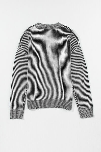 Striped Mock Neck Dropped Shoulder Sweater