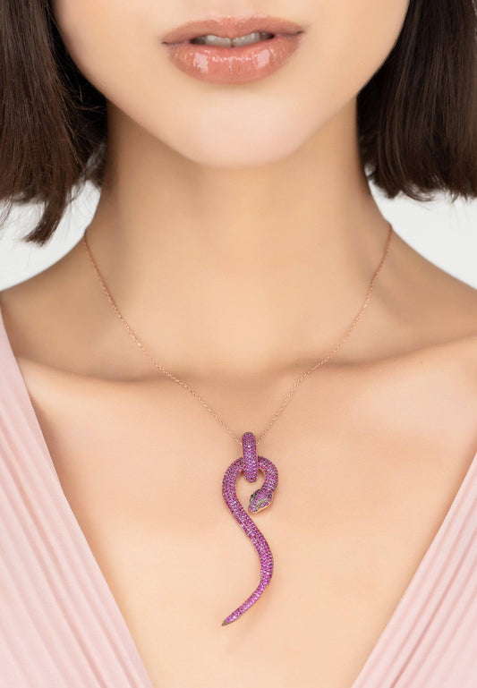Raspberry Zircon Anaconda Rose Gold Pendant Necklace | Latelita