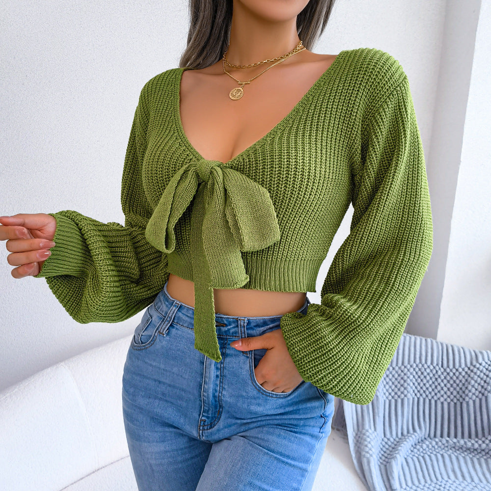 Bow Bunny Cropped Knit Sweater with Bow Detail  in Pink, Green, or White | Poundton