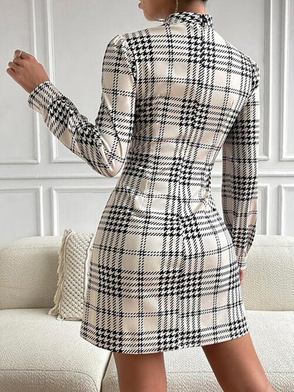 As If Houndstooth Plaid 90s Mock Neck Mini Dress