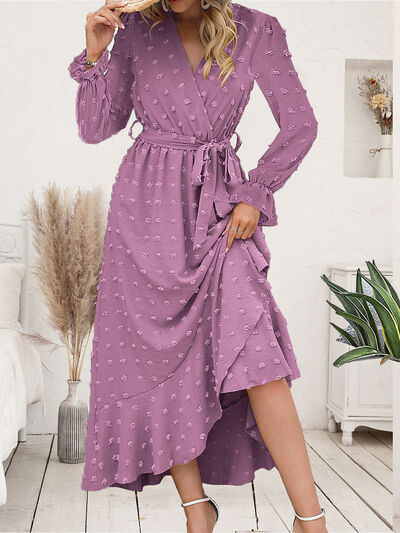 Lilia Swiss Dot Tie Waist Flounce Sleeve Maxi Dress in Lilac Orchid