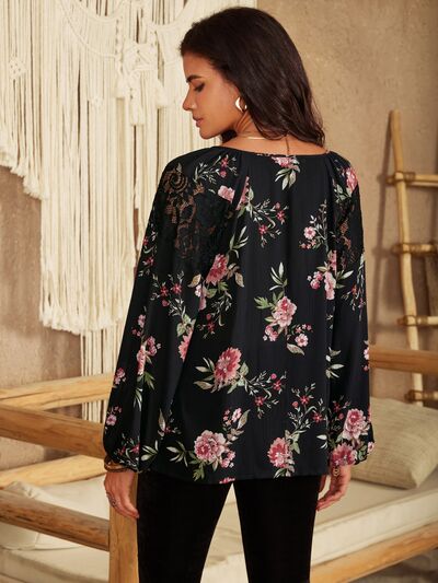 Eloise Flower Printed Tie Neck Long Sleeve Blouse in Attractive Black