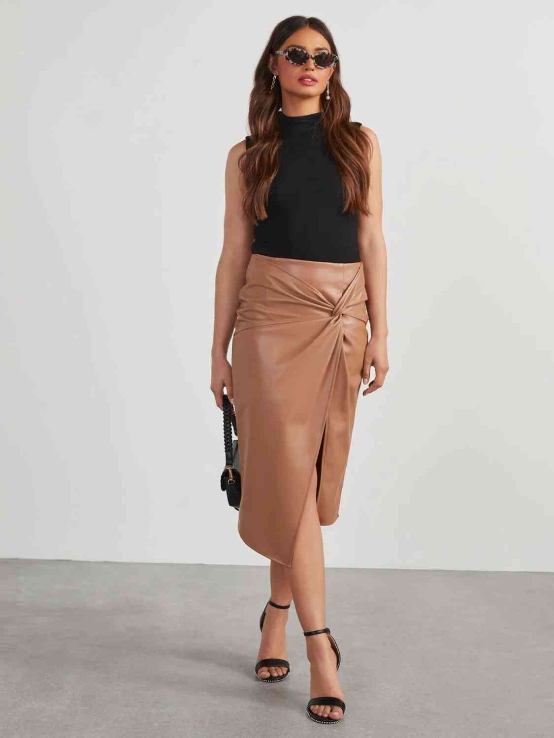 Sandra Twist Detail Faux Stretch Leather High Waist Skirt | 2 Colors | Poundton