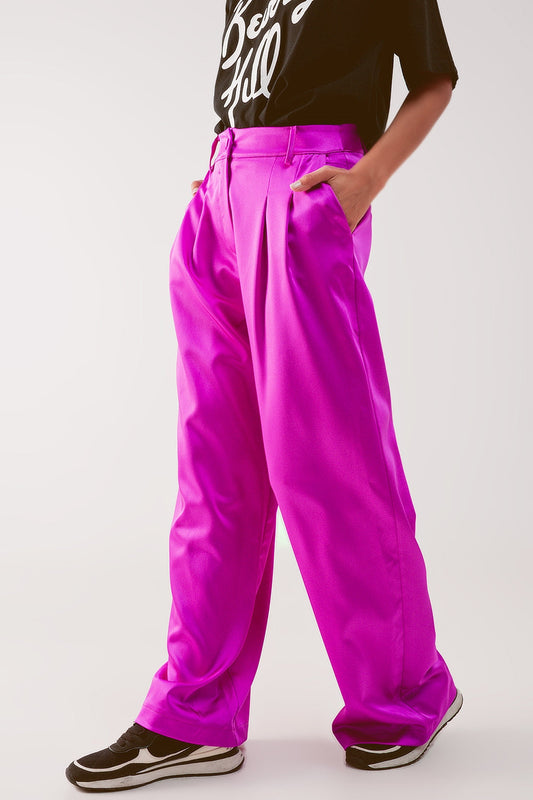 Palazzo Pleated Wide Leg Pants in Solid Fuchsia | Q2