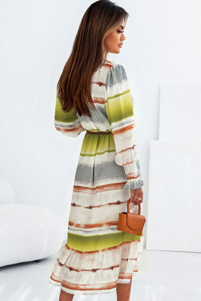 Nellie Striped Half Button Smocked Long Sleeve Ruffle Hem Dress