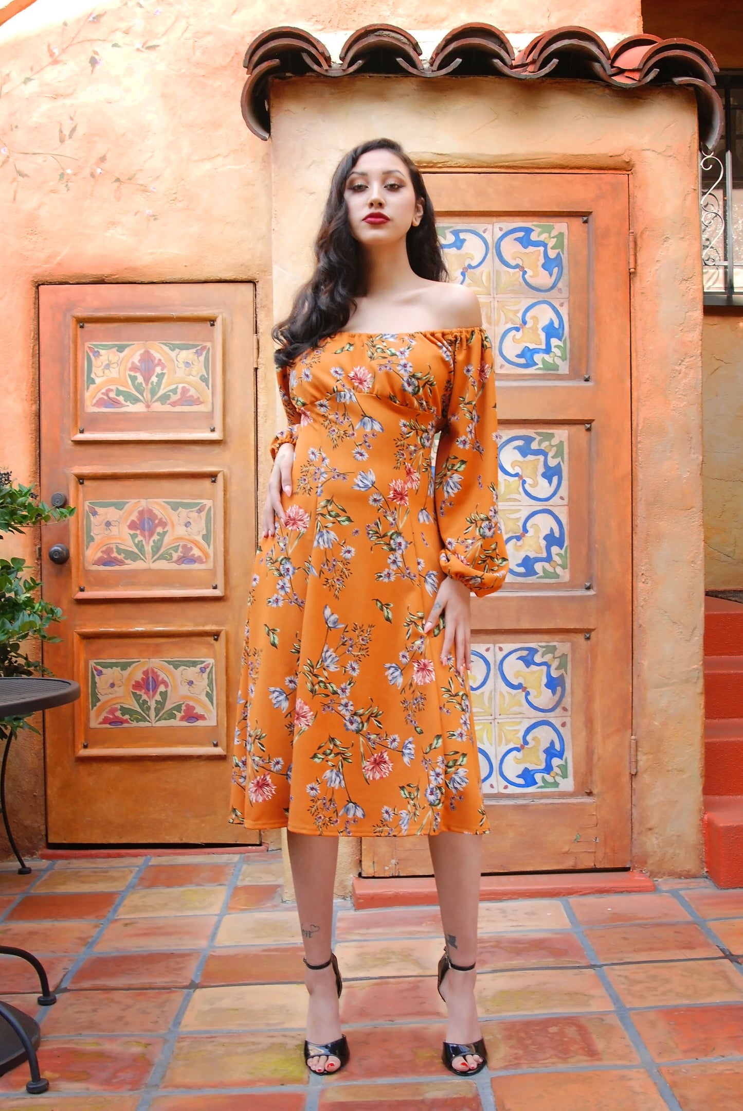 Final Sale - The Swann Dress in Mustard Floral Stretch Crepe | Pinup Couture