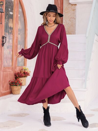 Stacey V-Neck Lantern Sleeve Ruffle Hem Dress in Wine Red