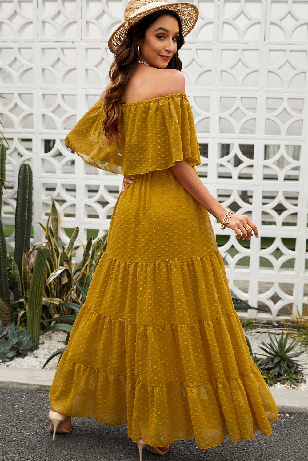 Mesh Around Off-Shoulder Maxi Dress in Yellow, Green, Sky Blue, and Red