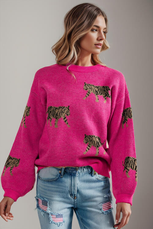 Wild Thing Tiger Design Knit Sweater in Fuchsia