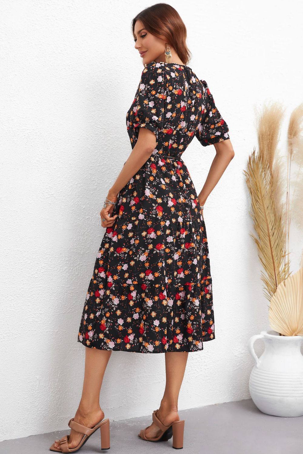 Hansel Floral Collared Neck Dress with  Puff Sleeve