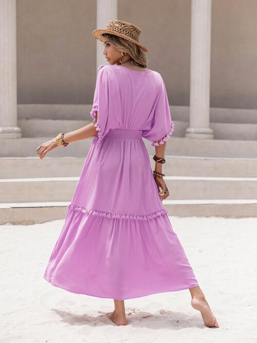 Tory Tassel Trim Smocked V-Neck Short Sleeve Dress | 6 Colors | Poundton