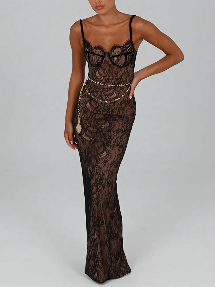 Elegant Lace Print Maxi Dress Spaghetti Strap Bodycon Club Party Sexy Evening