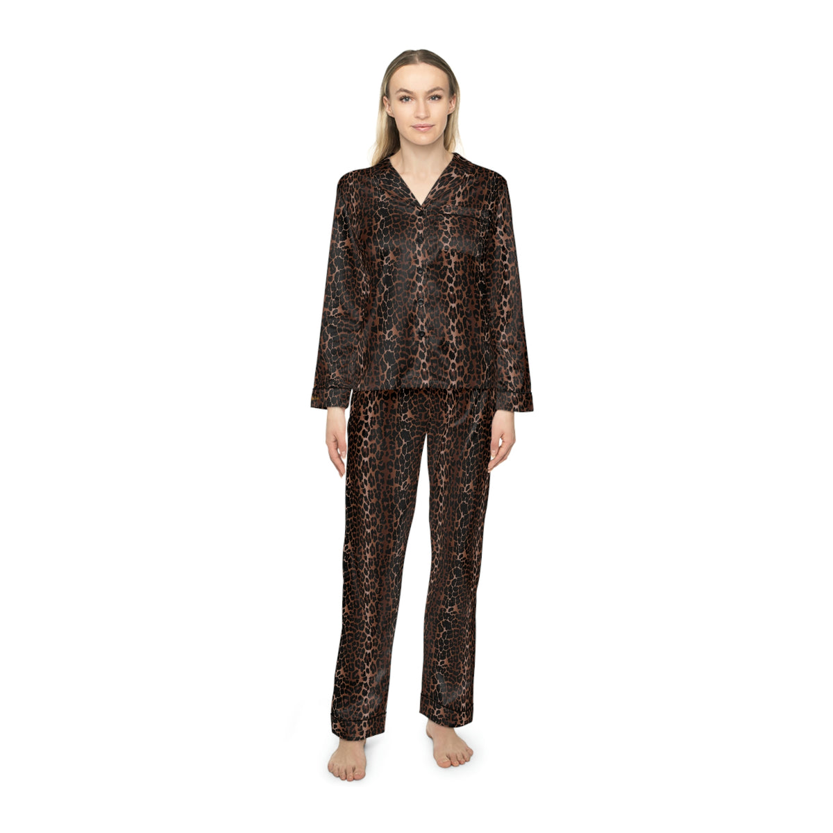 Pajama Game in OG Leopard Satin 2 Piece Button Up PJ Set