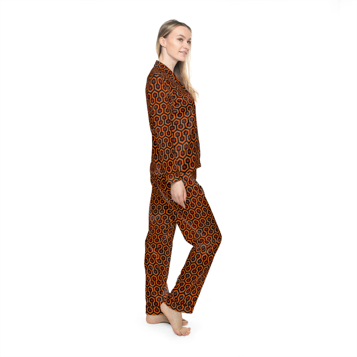 Pajama Game in Hotel Hexagon Satin 2 Piece Button Up PJ Set