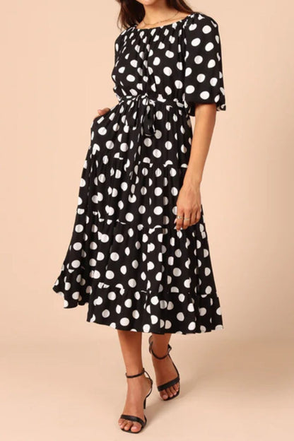 Demi Polka Dot Tie Waist Midi Dress in Elegant Black