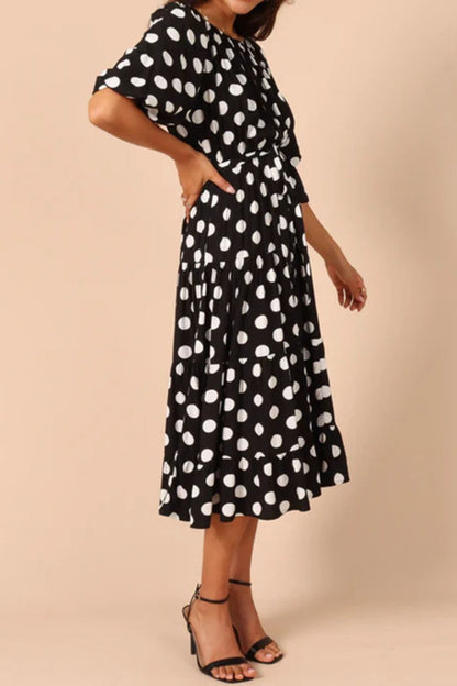 Demi Polka Dot Tie Waist Midi Dress in Elegant Black