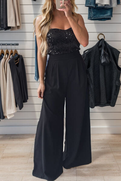 Pearl Sequin Tube Wide Leg Jumpsuit in Badass Black