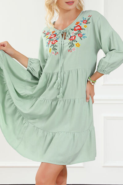 Bonnie Embroidered Tie Neck Dropped Shoulder Mini Dress in Light Green