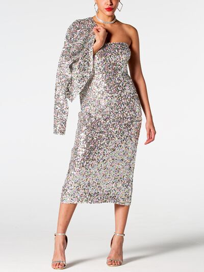 Lucille Sequin Cardigan and Straight Dress Set in Sparkly Silver