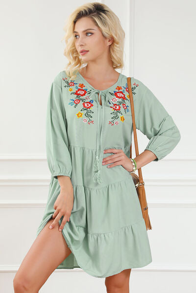 Bonnie Embroidered Tie Neck Dropped Shoulder Mini Dress in Light Green