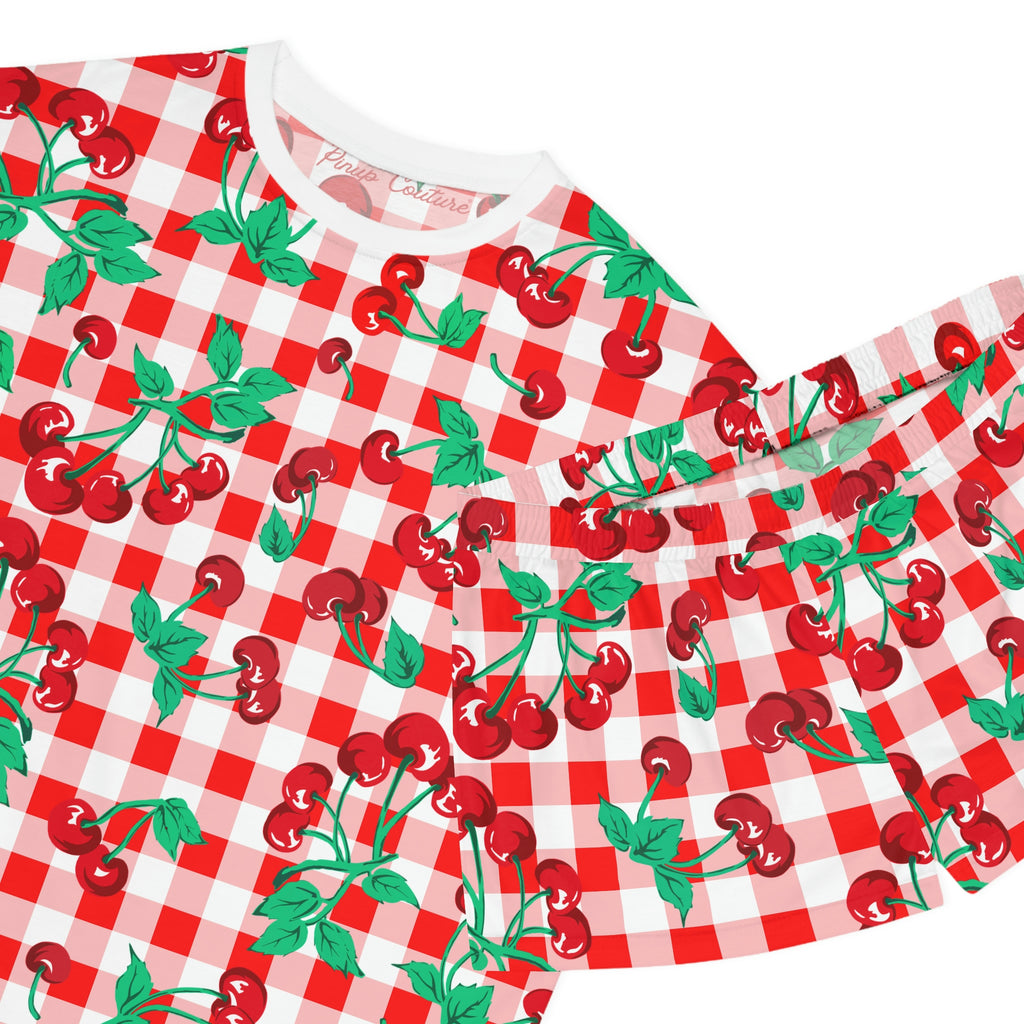 TGIF Sleepover PJs in Red & White Gingham Cherry Girl Tee & Pajama Shorts-Set