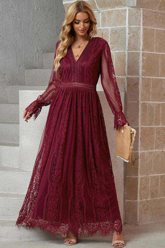 Dreams 70's Boho Lace Maxi Dress in Wine or Wedding White