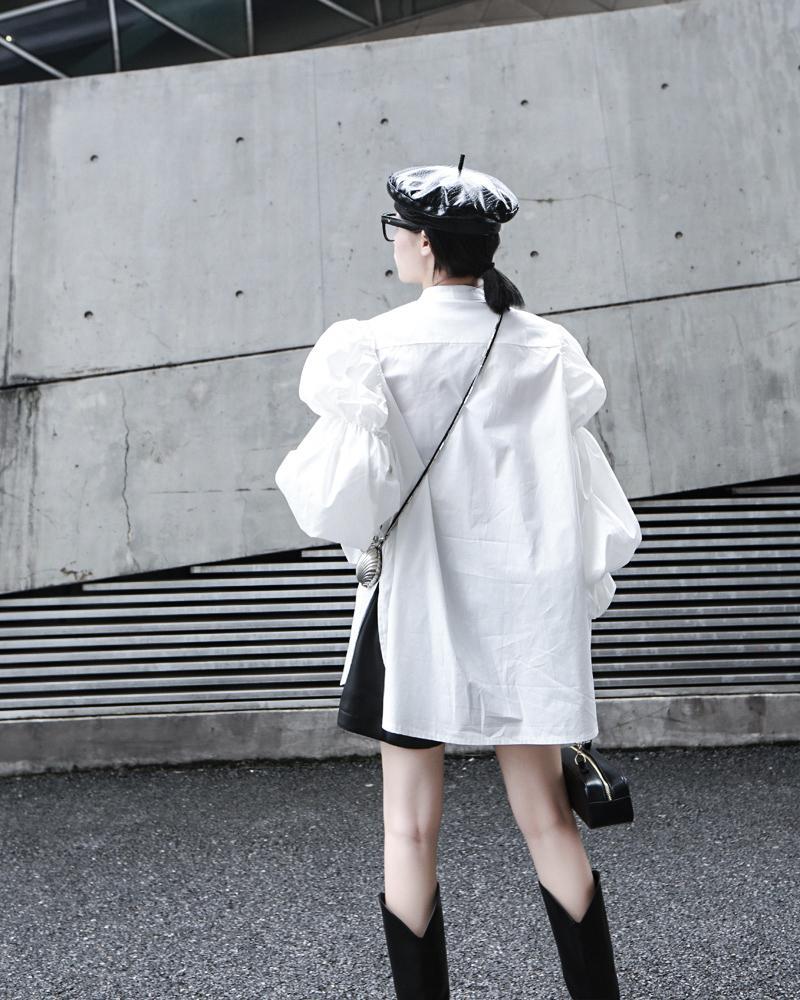 Daoko Puff Long Sleeve Cotton Shirt in White | Marigold Shadows