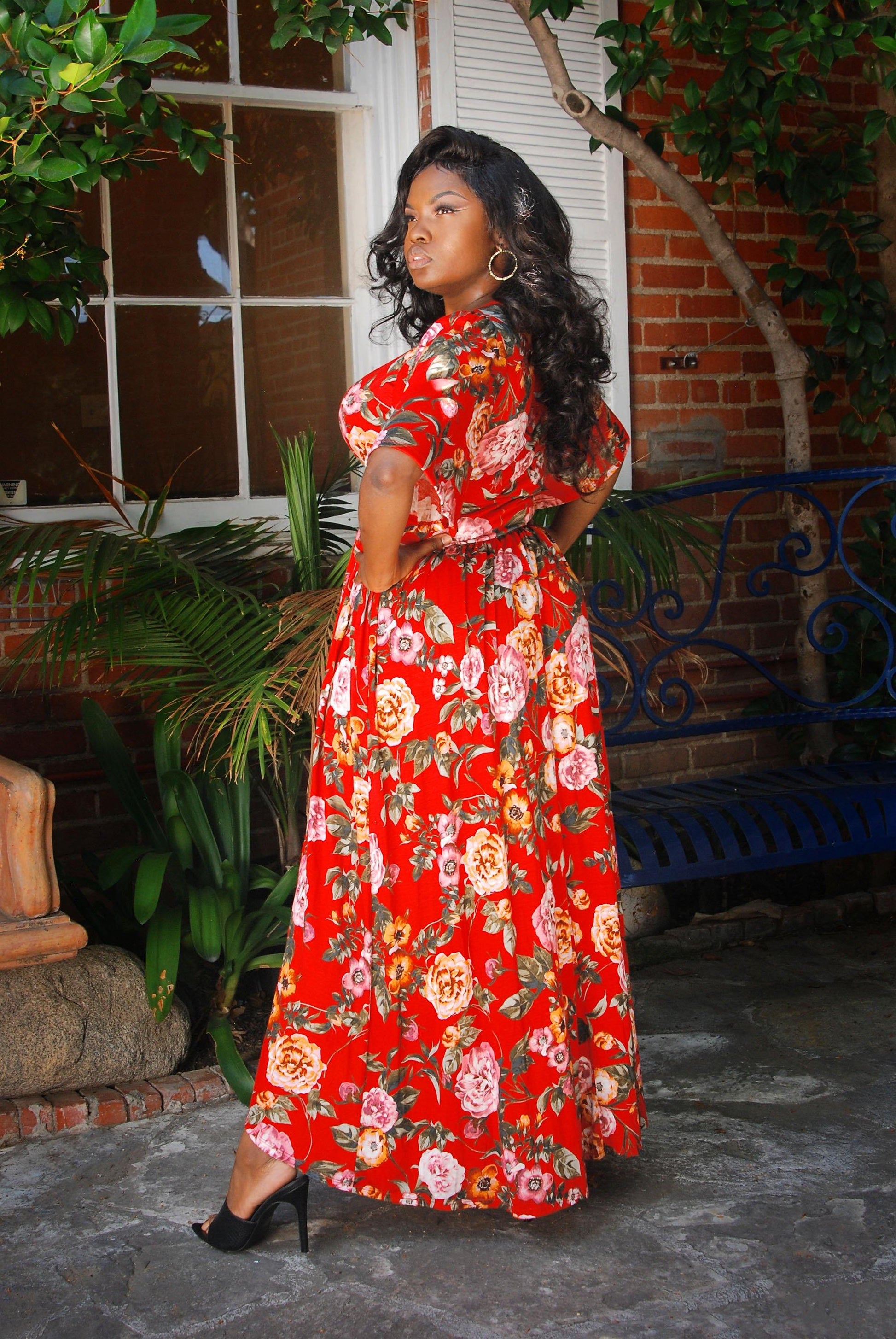 Final Sale - Katy 70s Maxi Dress in Red Floral Cotton Jersey Knit | Pinup Couture - pinupgirlclothing.com