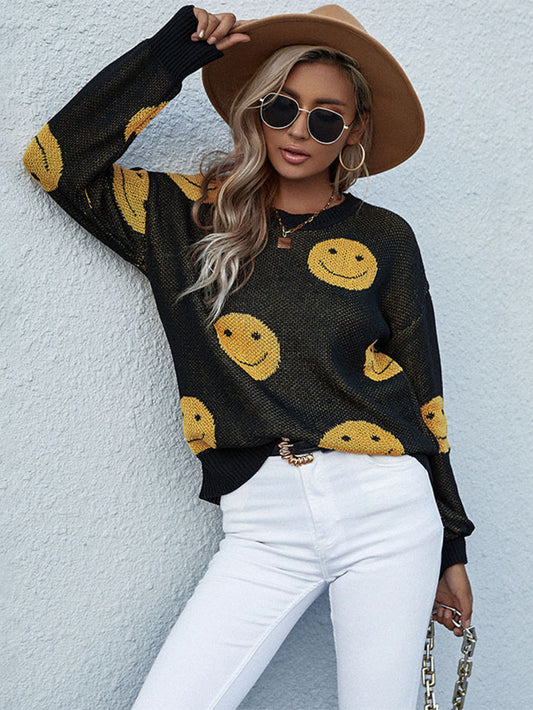 Have A Nice Day Smiley Face Black and Yellow Knit Sweater