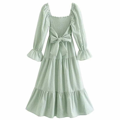 Green GINGHAM Dress Women Smocked Dress Cute Bow Tied Back Dress Female