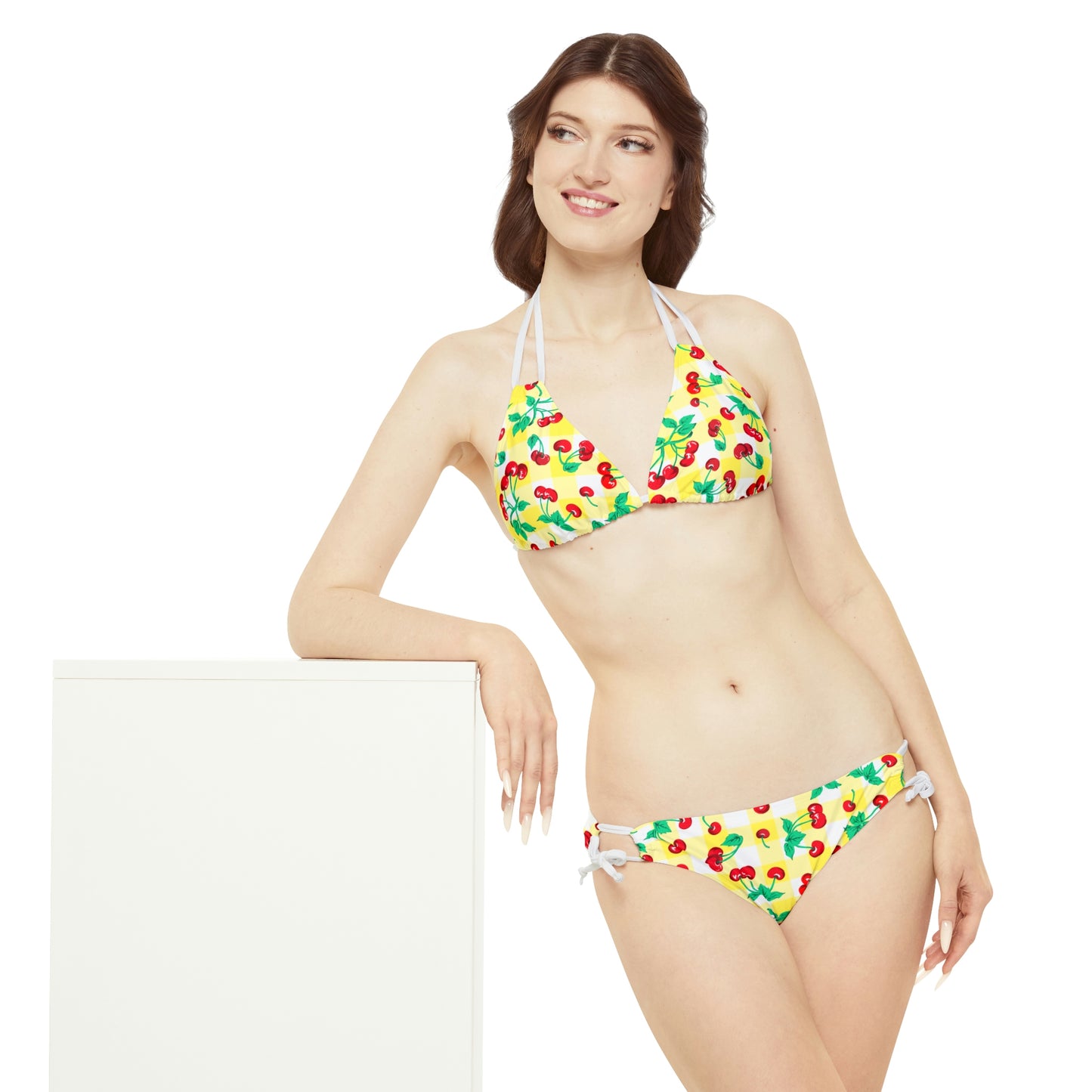 Alex Yellow Gingham Cherry Print Strappy Bikini Set | Pinup Couture Swim