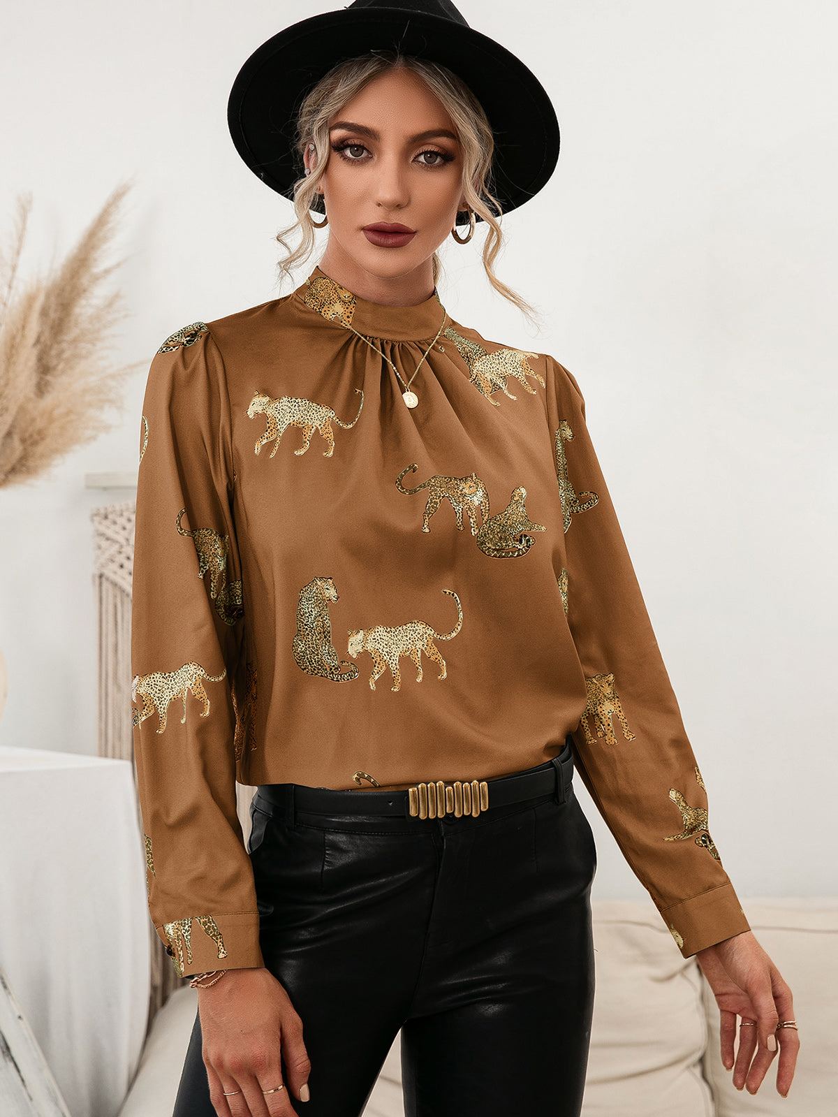 Call of the Wild Leopard Graphic Mock Neck Puff Sleeve Blouse
