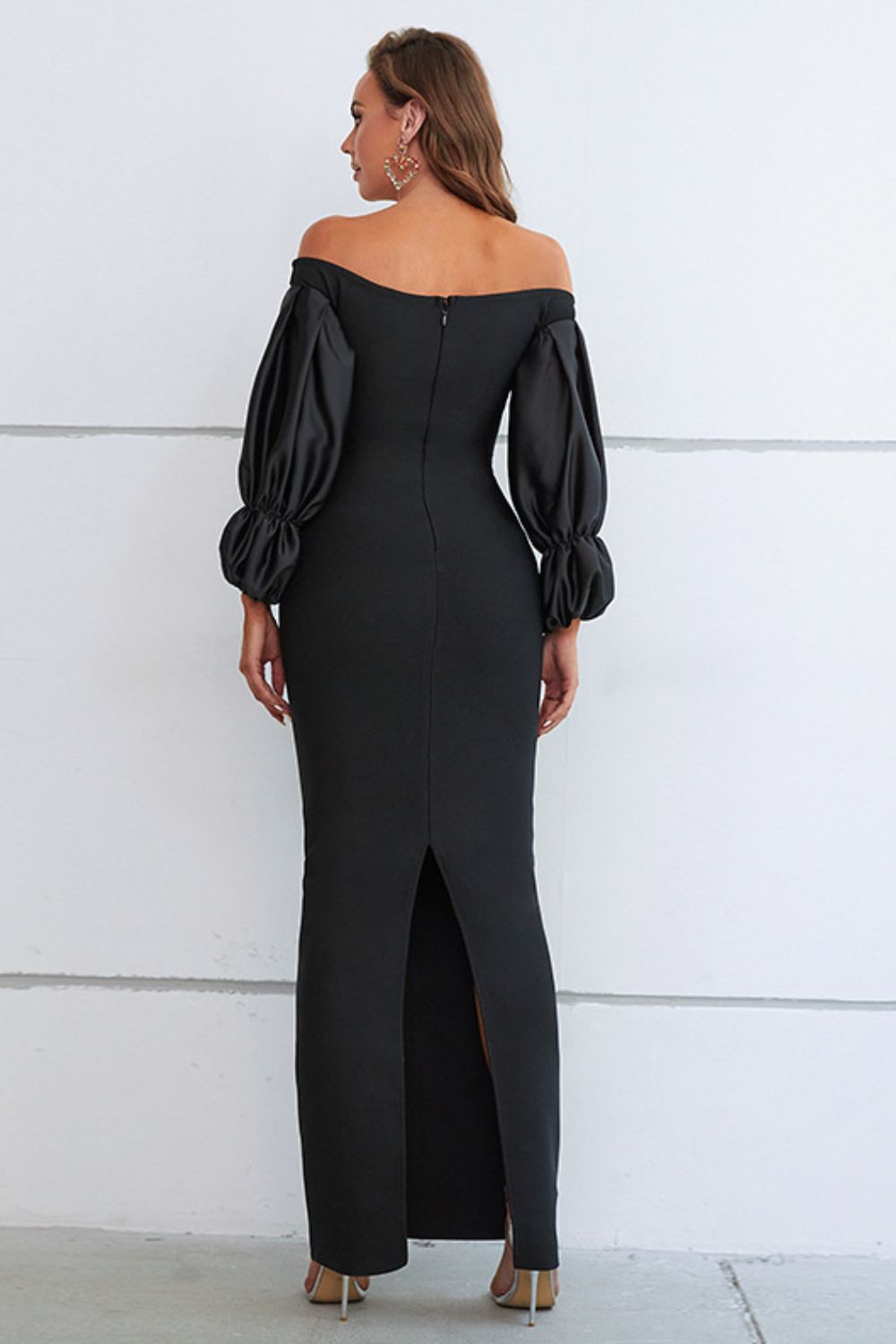Billow Talk Wiggle Dress with Off-Shoulder Bubble Sleeves in Black