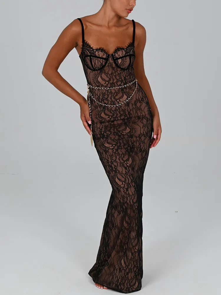 Elegant Lace Print Maxi Dress Spaghetti Strap Bodycon Club Party Sexy Evening