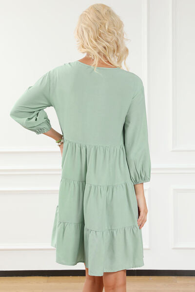 Bonnie Embroidered Tie Neck Dropped Shoulder Mini Dress in Light Green