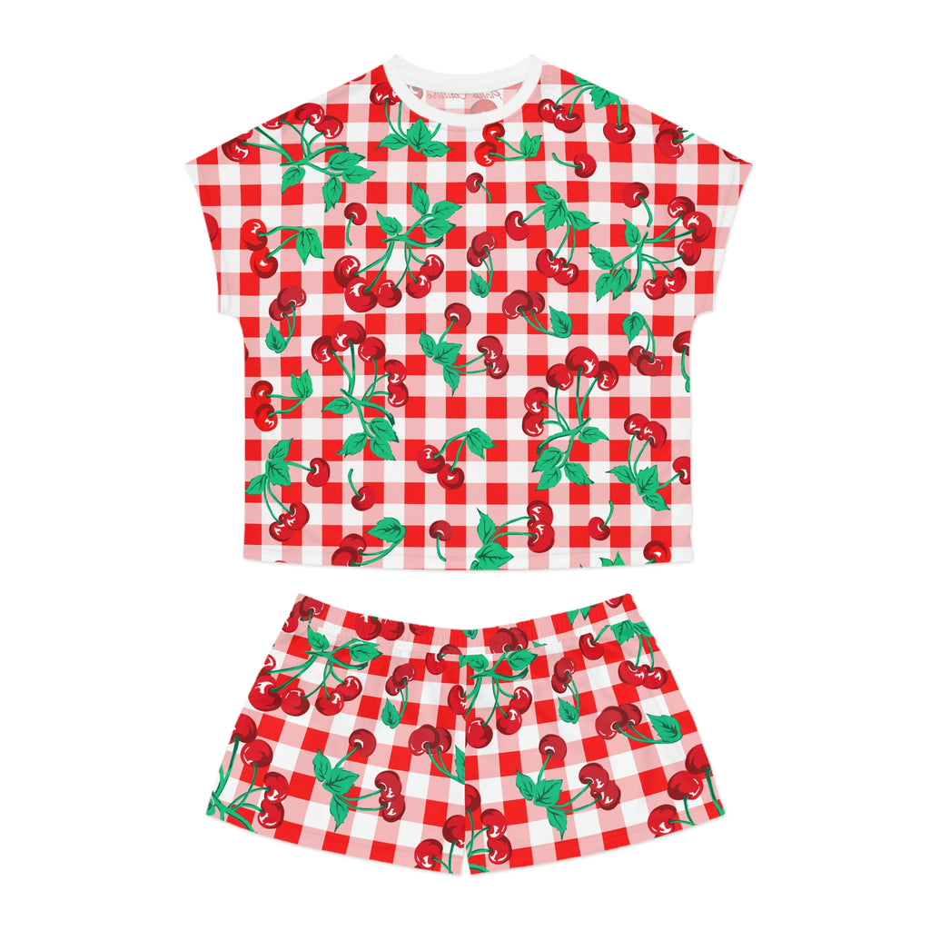 TGIF Sleepover PJs in Red & White Gingham Cherry Girl Tee & Pajama Shorts-Set