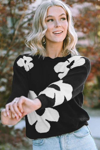 Erin Long Sleeve Sweater with Floral Pattern Color Contrast Design | 4 Colors