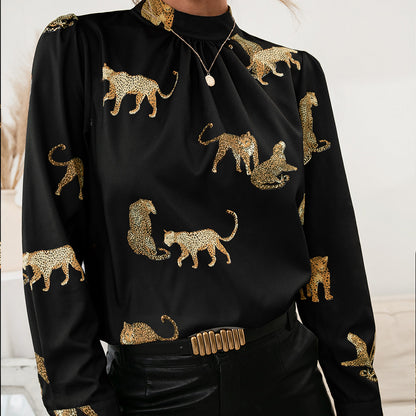 Call of the Wild Leopard Graphic Mock Neck Puff Sleeve Blouse