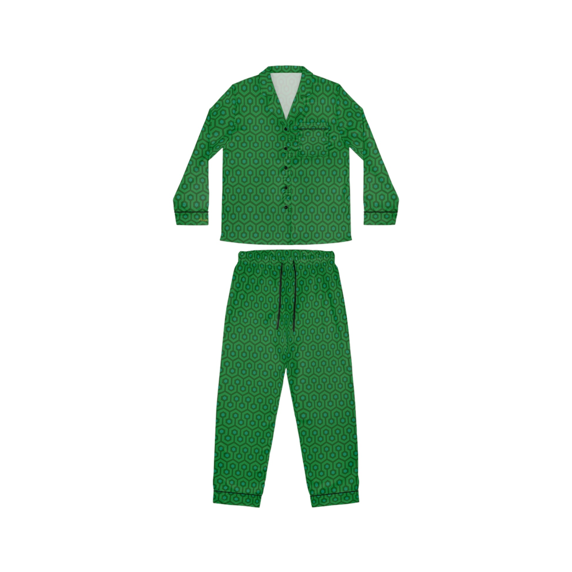 Pajama Game in Green Hotel Hexagon Satin 2 Piece Button Up PJ Set