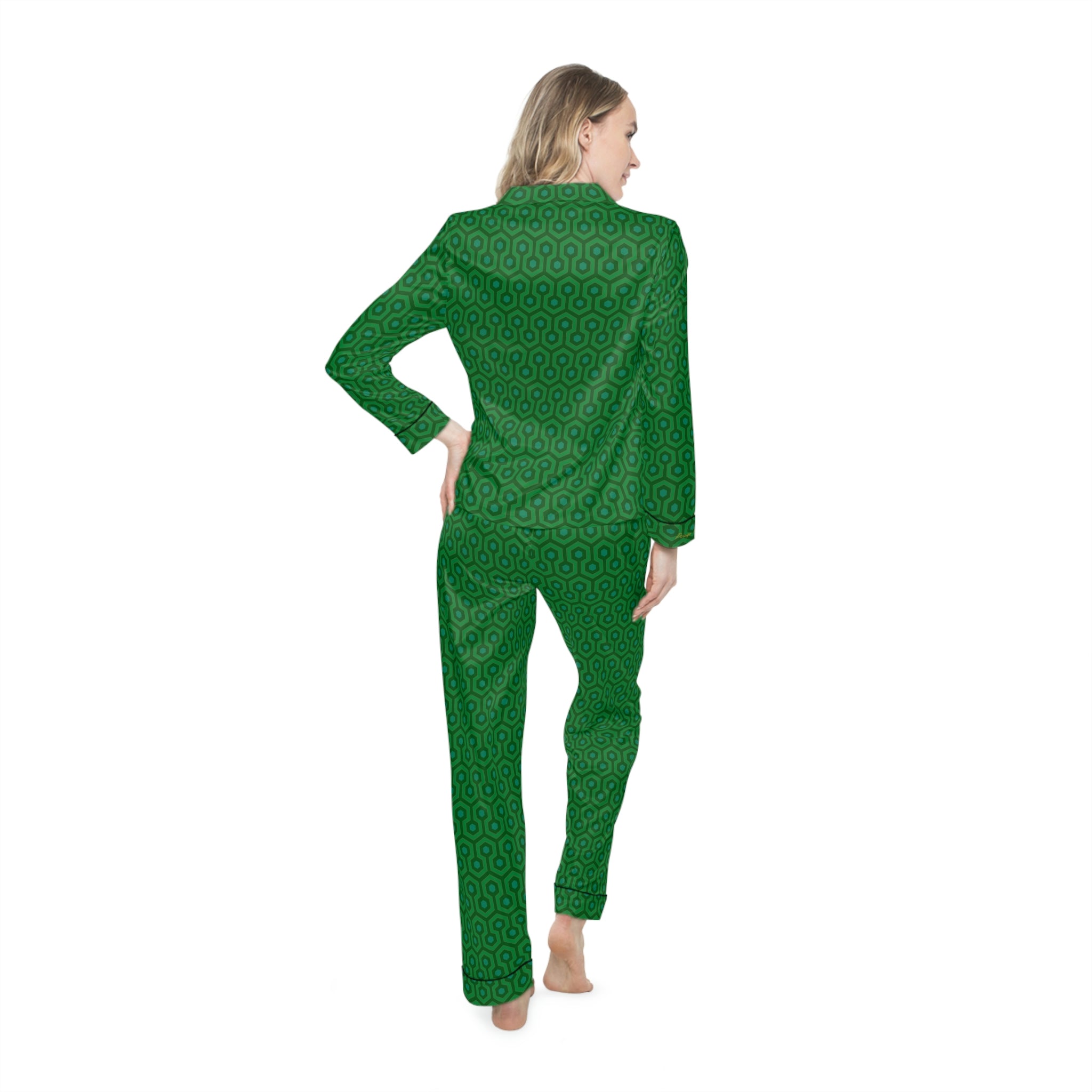Pajama Game in Green Hotel Hexagon Satin 2 Piece Button Up PJ Set