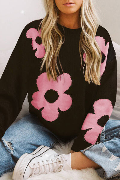 Erin Long Sleeve Sweater with Floral Pattern Color Contrast Design | 4 Colors