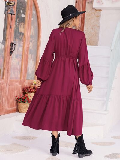 Stacey V-Neck Lantern Sleeve Ruffle Hem Dress in Wine Red