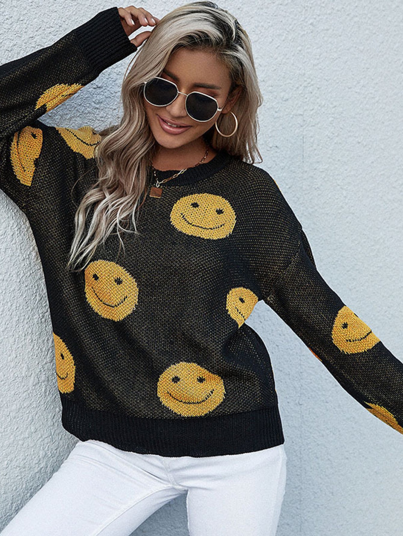 Have A Nice Day Smiley Face Black and Yellow Knit Sweater