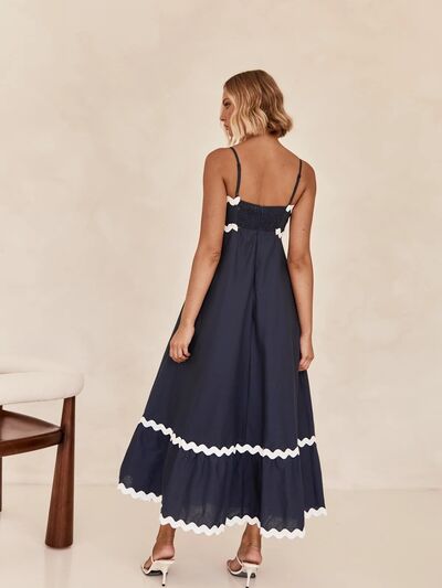 Amalfi Spaghetti Strap A-Line Maxi Dress with Contrast RicRac Trim | 4 Colors | Poundton